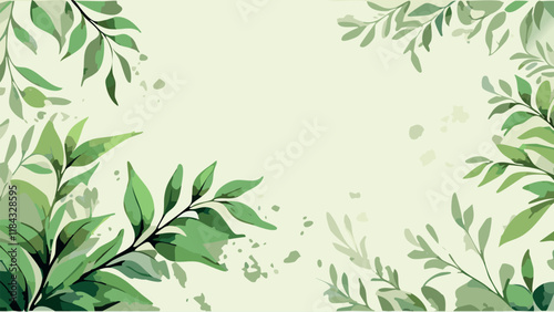 watercolor background with leaves, frame, for design, with space. Environment green aquarelle wallpaper with leaf border vector illustration