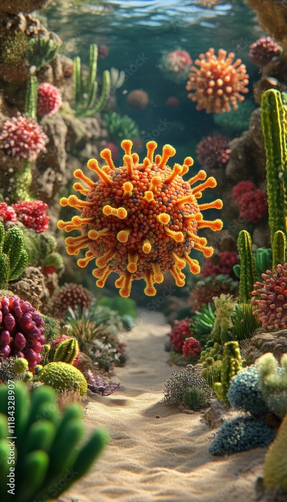 Microscopic World Artistic Rendering of a Virus amidst a Vibrant Underwater Coral Reef Ecosystem Microscopic World Artistic Rendering of a Virus amidst a Vibrant Underwater Coral Reef Ecosystem