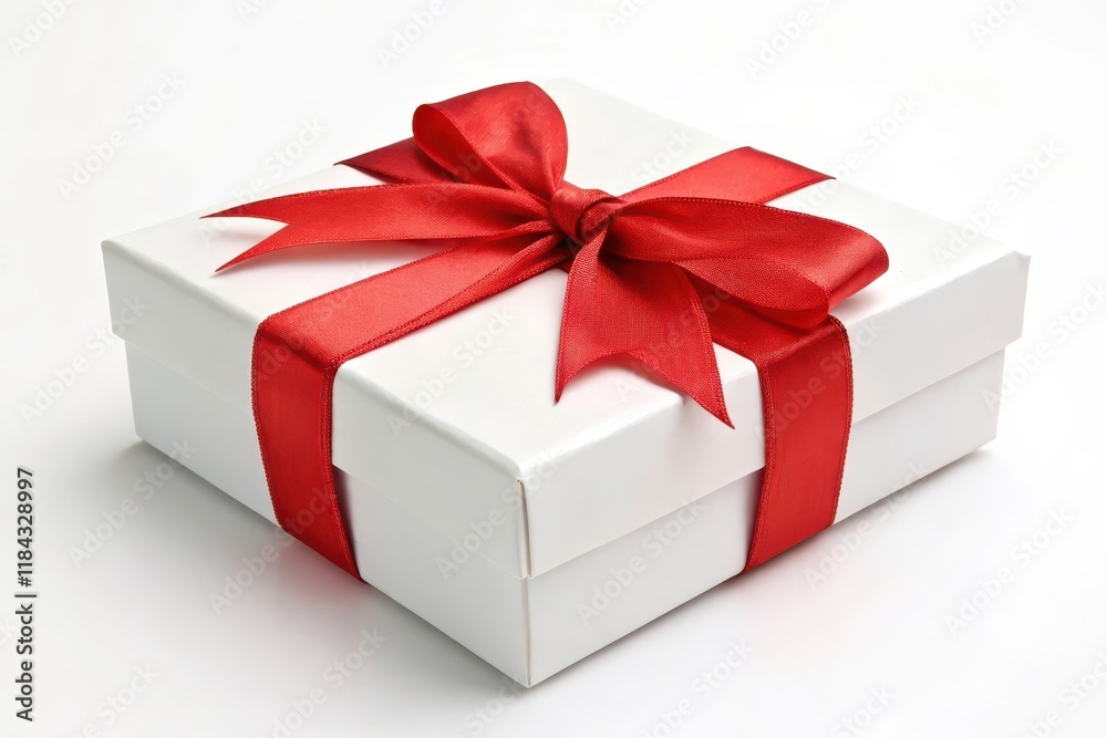A pristine white gift box adorned with a vibrant red ribbon, perfectly tied in a classic bow, symbolizes a thoughtful present A pristine white gift box adorned with a vibrant red ribbon, perfectly tied in a classic bow, symbolizes a thoughtful present