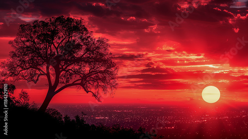 Silhouette of Tree Against Vibrant Red Sunset Over City Lights.. photo