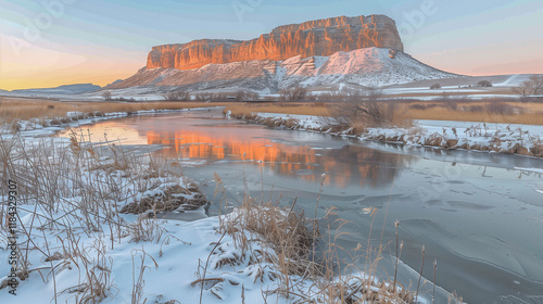 Sunlit Winter Cliff Reflected in Frozen River.. photo