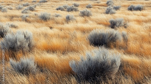 Golden desert grass field with gray shrubs.