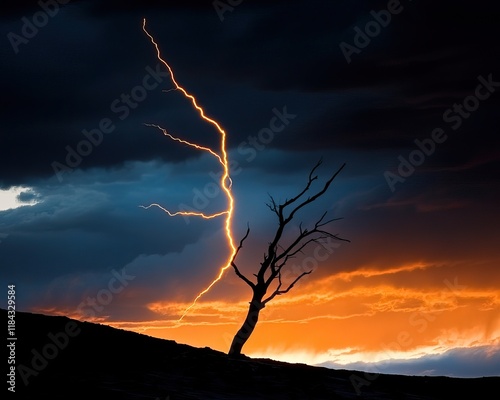 A dramatic landscape with a solitary tree silhouetted against a vibrant sunset, illuminated by striking lightning in a moody sky. photo