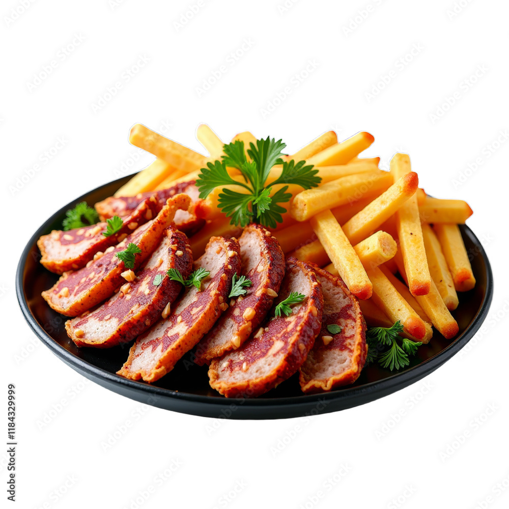 Sliced sausage and fries, garnished with parsley Sliced sausage and fries, garnished with parsley