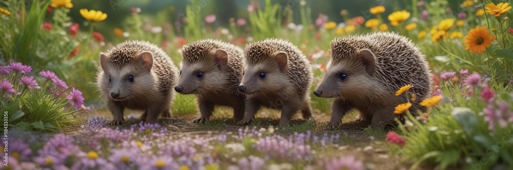 Fototapeta premium A trio of playful hedgehog babies chasing after a butterfly amidst a sea of colorful wildflowers , nature, playful hedgehogs