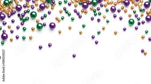 A collection of shiny Mardi Gras beads in purple, green, and gold scattered on a plain white background, highlighting sharp textures and vivid reflections.