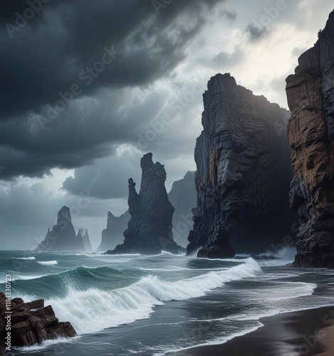 Dramatic sea cliffs and towering rock formations under a darkening stormy sky , lightning, ominous, formation photo