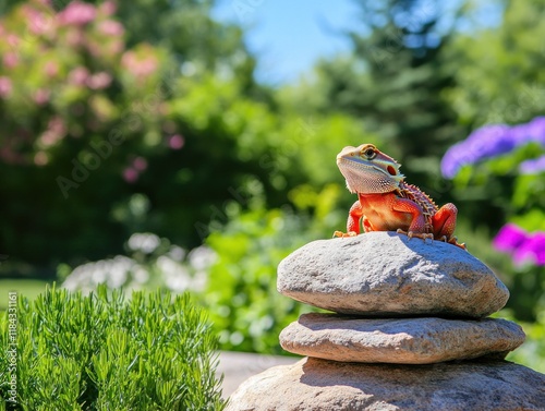 Bearded dragon sitting on a rock. Focus on clear, sharp details and natural poses. photo