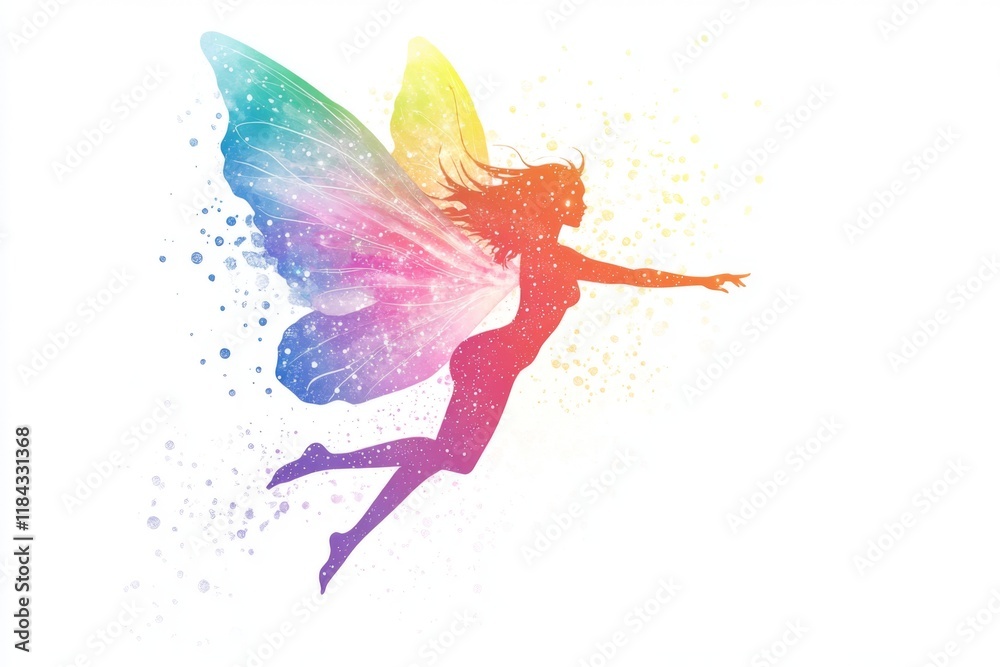Obraz premium Rainbow-winged fairy silhouette in dreamy clipart style with glitter splashes on white background