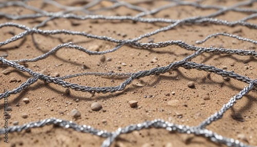 Sandy gravel accumulation in metal mesh netting, gravel, landscape photo