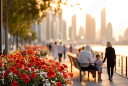 A bustling street scene at the Abu Dhabi Corniche, with families enjoying the waterfront promenade and parks