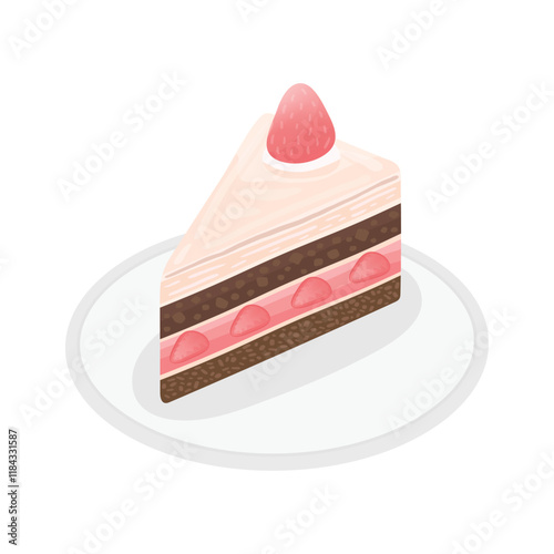 Vector illustration of cake with strawberry cream and chocolate. A slice of strawberry cake.