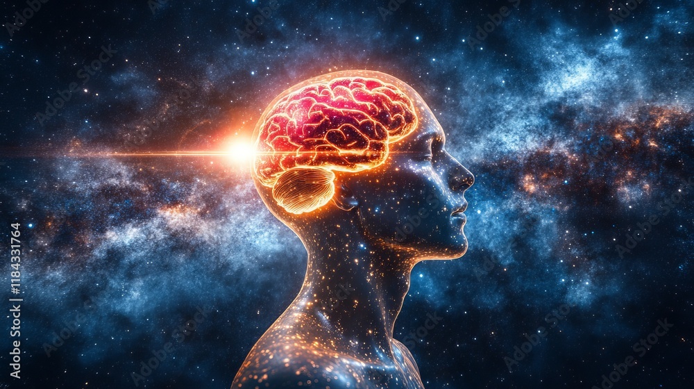 Illuminated Human Brain In Silhouette Head With Abstract Galaxy Background, Mind And Medical Concept Illuminated Human Brain In Silhouette Head With Abstract Galaxy Background, Mind And Medical Concept