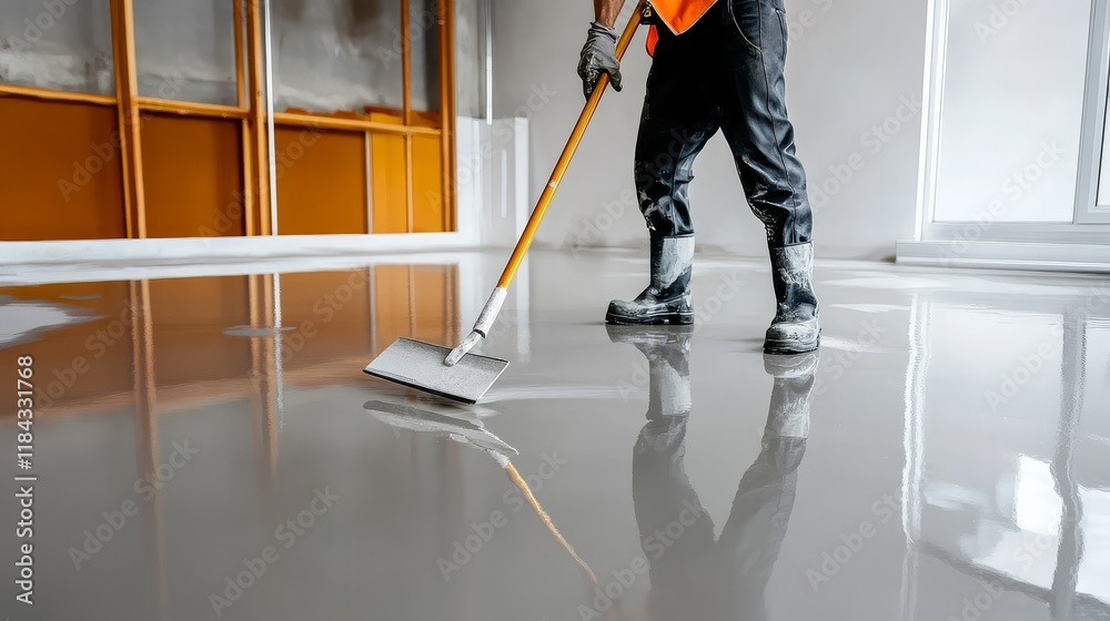 Obraz premium Construction workers apply screed for leveling concrete surfaces.