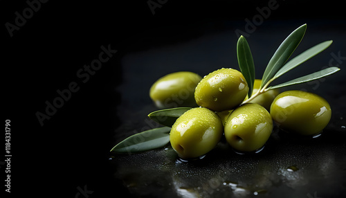 Green olives with leaves on dark green background wirh copy space photo