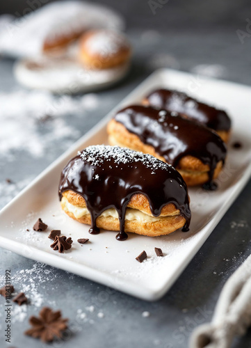 Three éclairs with glossy chocolate glaze and creamy filling, elegantly presented. photo