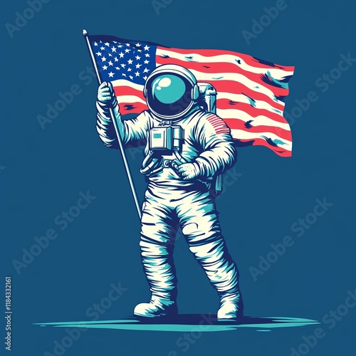 An iconic Illustration of an American astronaut planting the United States flag on the lunar surface blue background 