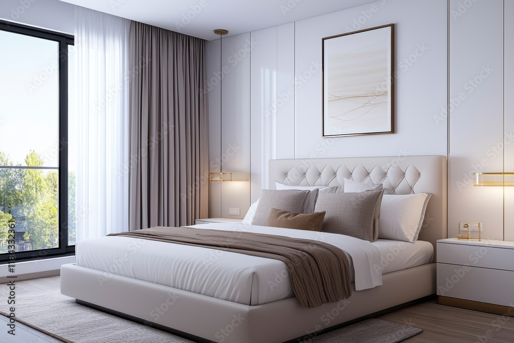 Fototapeta premium Modern Elegant Bedroom Interior Featuring Soft Neutral Tones and Large Windows for Natural Light in a Cozy Contemporary Design