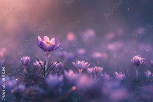 Field of Purple Crocuses in Bloom, One Flower Outshines Others Symbolizing Determination and Growth Amidst Competition in Spring Sa Pa photo