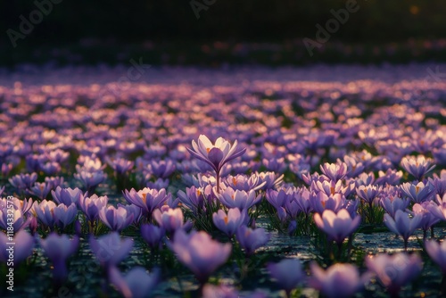 Field of Purple Crocuses in Bloom, One Flower Outshines Others Symbolizing Determination and Growth Amidst Competition in Spring Sa Pa