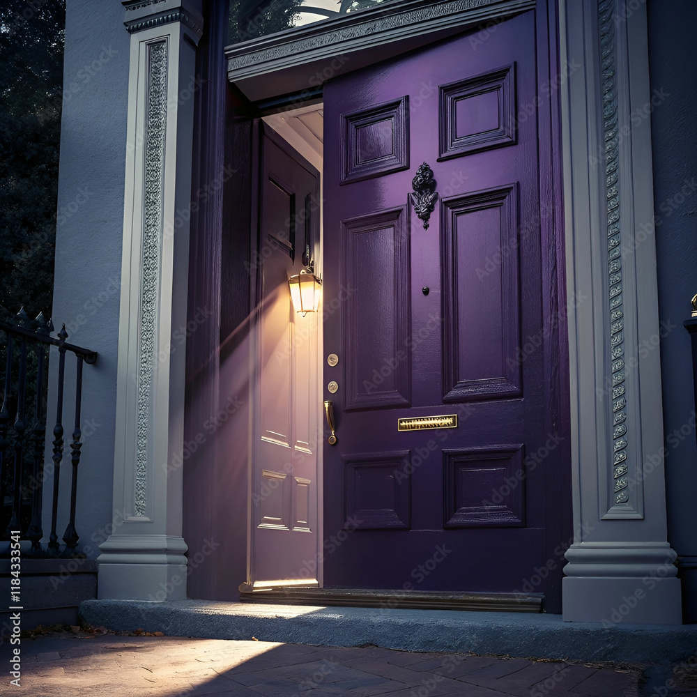 dark purple front door opening into the light