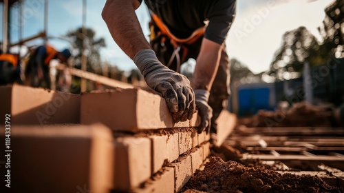 Skilled bricklayer meticulously laying bricks on a construction site. 