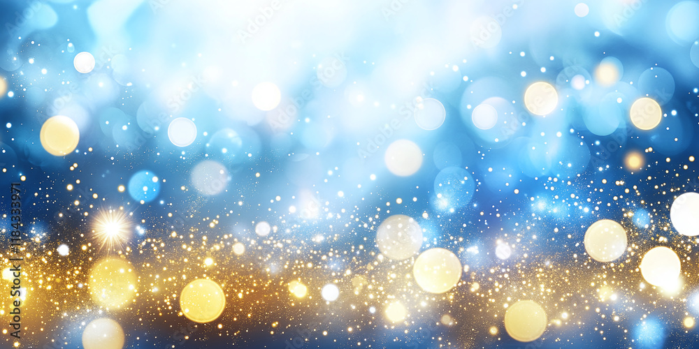 Abstract composition of blue and gold bokeh lights with sparkling particles, creating a festive, elegant, and dreamy atmosphere for celebrations or events. Abstract composition of blue and gold bokeh lights with sparkling particles, creating a festive, elegant, and dreamy atmosphere for celebrations or events.