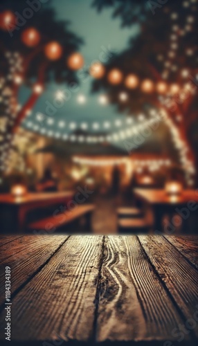 Empty wood table for product display in blur background of admirable restaurant at night