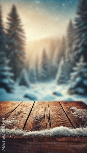 The empty wooden table top with blur background of winter in Finland. Exuberant image.