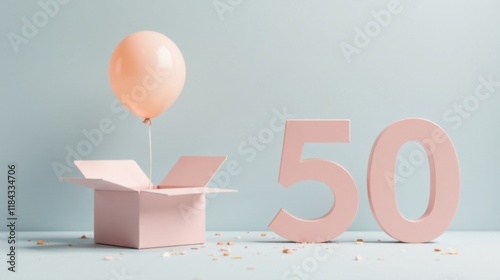 Pastel Pink Celebration A Balloon Floats Above an Open Gift Box Beside Large Number Fifty