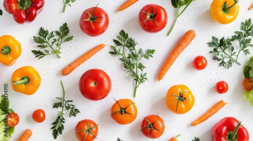 Vibrant Flatlay of Fresh Vegetables Tomatoes, Peppers, and Carrots.