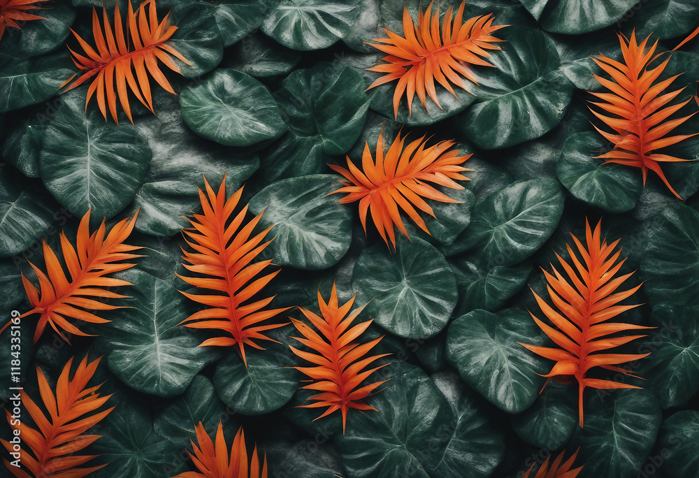 A Vibrant Display of Tropical Leaves and Exotic Flowers A Vibrant Display of Tropical Leaves and Exotic Flowers
