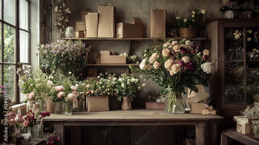 Fototapeta premium A rustic florist’s workspace with freshly cut flowers and wrapping paper