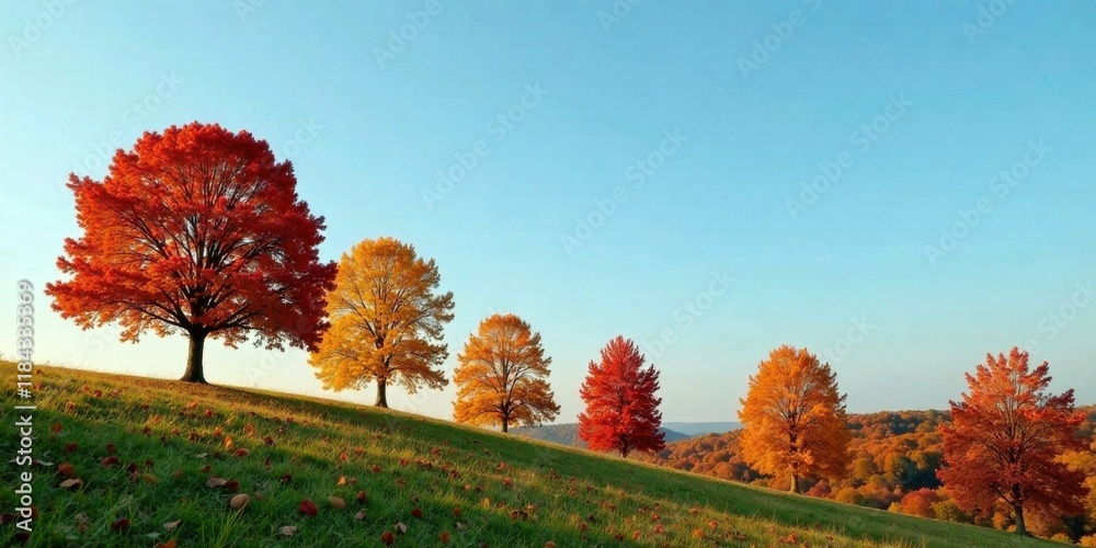 Naklejka premium Autumnal Trees on a Rolling Hillside, Vibrant Colors of Fall Foliage Under a Clear Sky