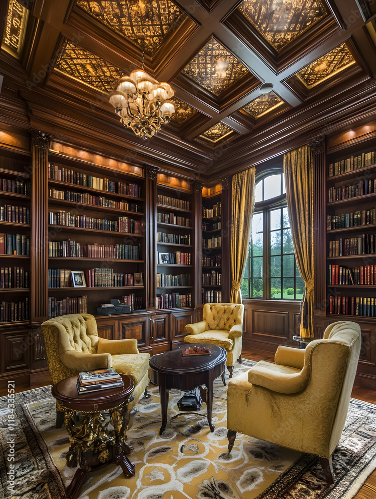A luxurious library with ornate woodwork, comfortable seating, and a cozy atmosphere. A luxurious library with ornate woodwork, comfortable seating, and a cozy atmosphere.