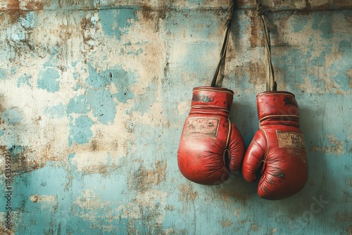 Pair of vintage boxing gloves hanging on a rustic gym wall.