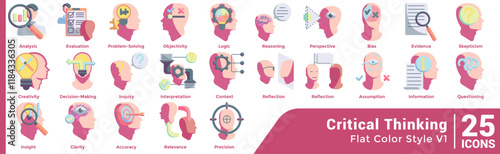 Critical Thinking icon set 25 in Flat Color style