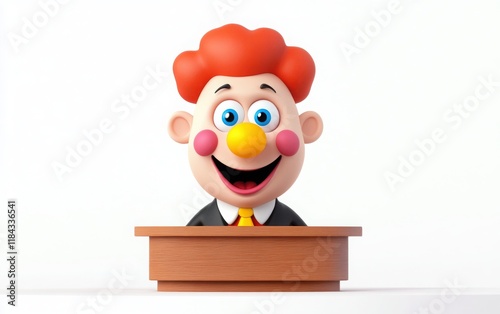 Leaderly 3D emoji clown face with a yellow nose, blue eyes, standing at a podium addressing a team, simple design, flat shading, white isolated background photo