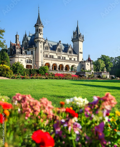 A picturesque castle surrounded by vibrant flowers and greenery under a clear blue sky.