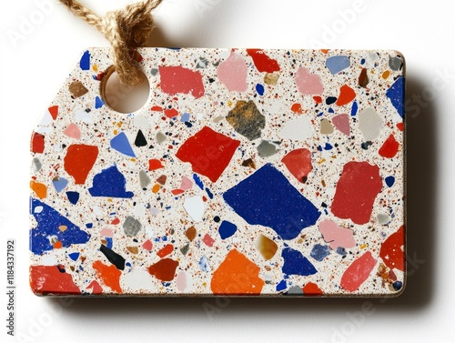 Cheerful Terrazzo Tag with Inspired Patterns in Vibrant Colors Isolated on White Background for Creative Use