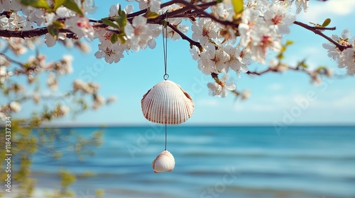 A seashell wind chime hanging from a blossoming tree branch near the shore