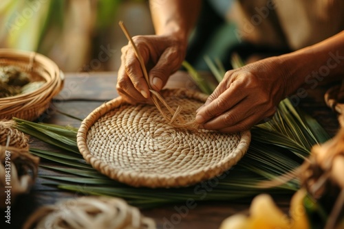 A close-up of hands weaving a traditional Balinese basket in an artisan home in Ubud
