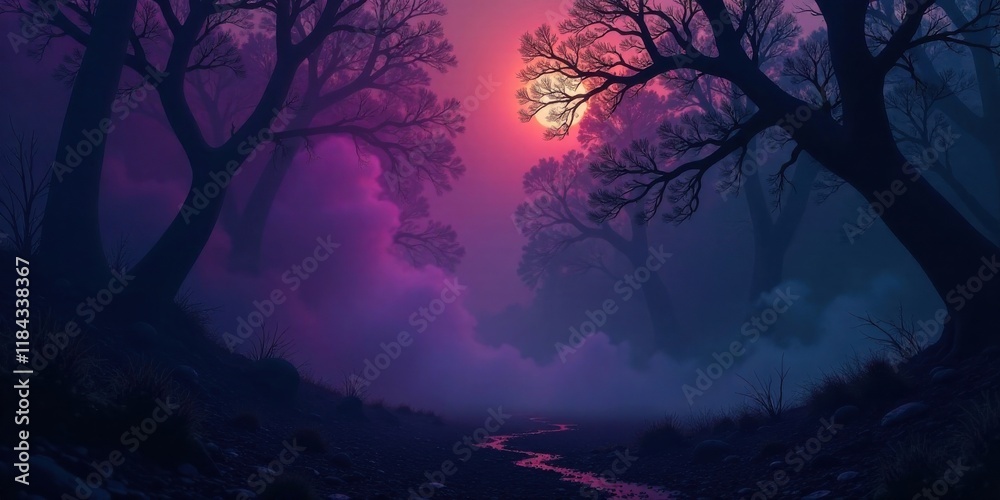 Fototapeta premium Mystical twilight scene a winding creek flows through a dark forest under a vibrant purple sunset