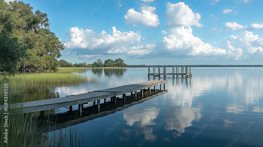 A serene lakeside view with a wooden dock and calm waters reflecting the sky