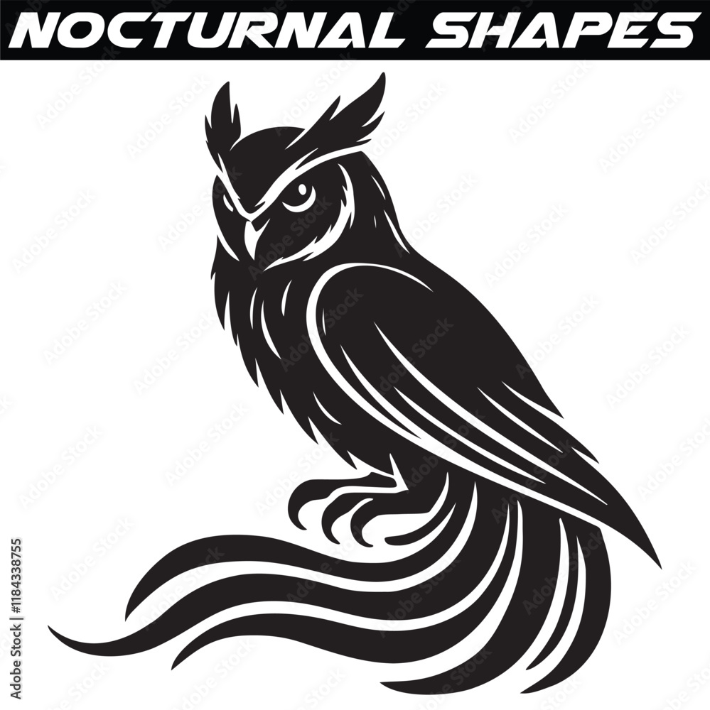 Intricate Black and White Owl Perched on Crescent Moon. Nocturnal silhouette Intricate Black and White Owl Perched on Crescent Moon. Nocturnal silhouette