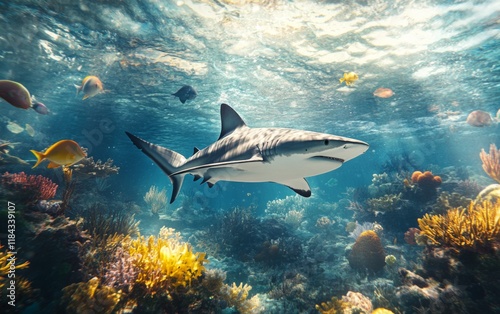 Fototapeta Naklejka Na Ścianę i Meble -  Gray shark gliding over Caribbean coral reef in National Geographic-style underwater scene