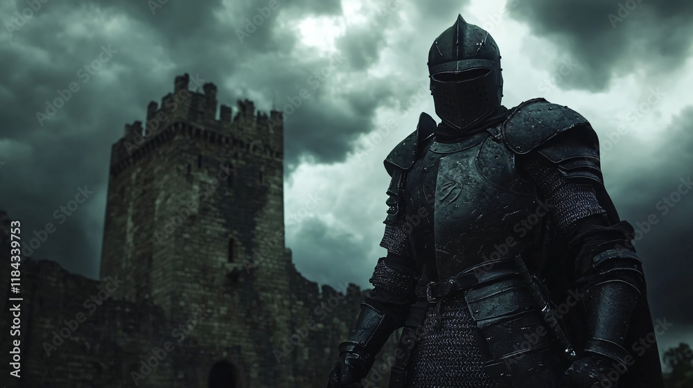 A knight in dark armor stands in front of a ruined castle, the night sky filled with ominous clouds. The air is tense with the promise of an impending battle. A knight in dark armor stands in front of a ruined castle, the night sky filled with ominous clouds. The air is tense with the promise of an impending battle.