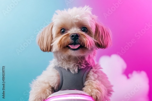 A cyberpunk-inspired Shih Tzu puppy with neon fur highlights, sitting on a glowing hoverboard in a futuristic city photo