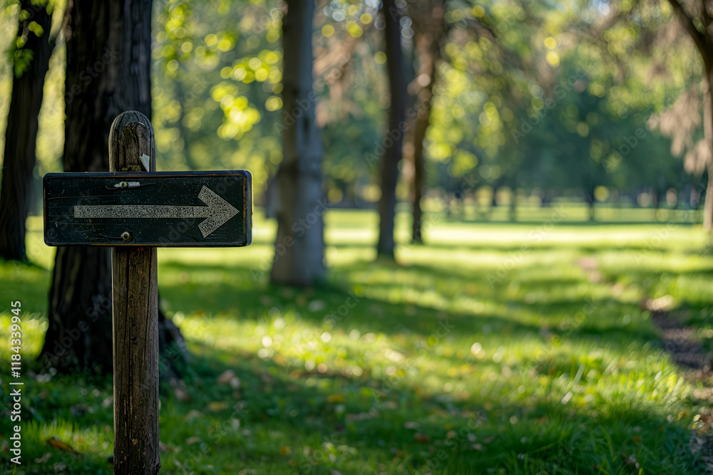 Wooden sign with a directional arrow points the way through a sun-dappled park. Wooden sign with a directional arrow points the way through a sun-dappled park.