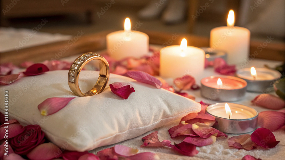 Romantic image with gold wedding rings on a white pillow amidst pink rose petals and lit candles, evoking a special commitment ceremony ambiance. Romantic image with gold wedding rings on a white pillow amidst pink rose petals and lit candles, evoking a special commitment ceremony ambiance.